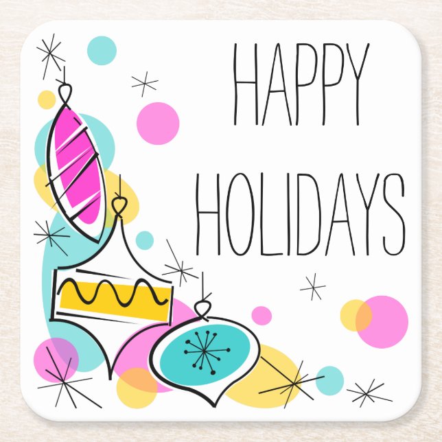 Retro Tree Baubles Corner Holidays square Paper Coaster (Front)