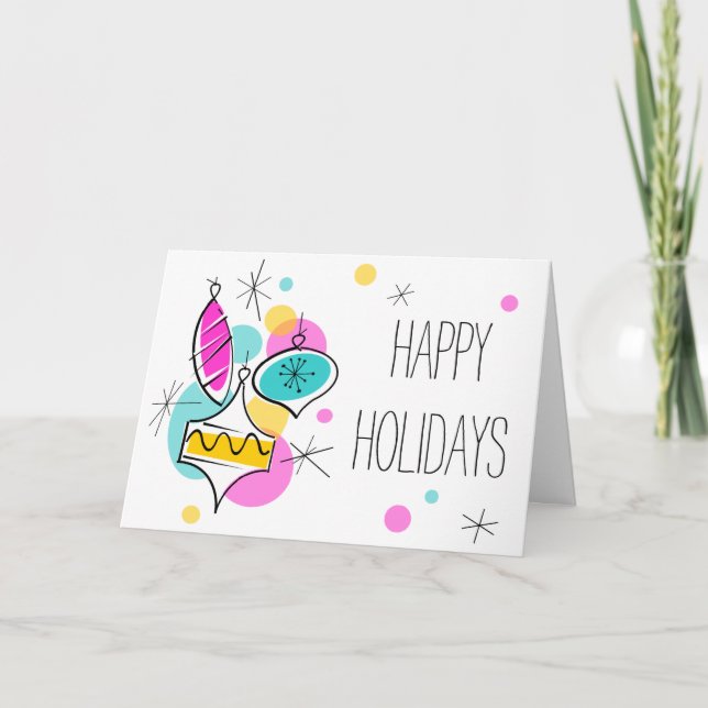 Retro Tree Baubles Group Holidays inside text Holiday Card (Front)