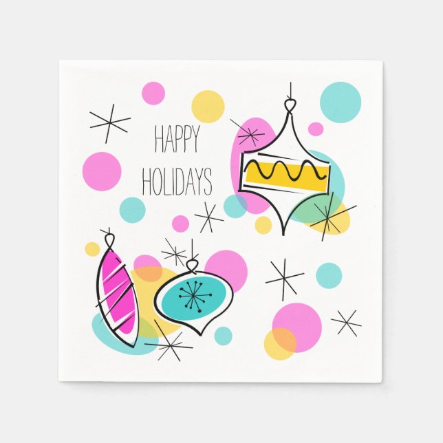 Retro Tree Baubles Happy Holidays paper napkins (Front)
