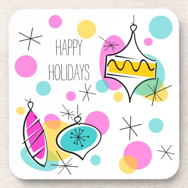 Retro Tree Baubles Holidays cork back Coaster (Front)
