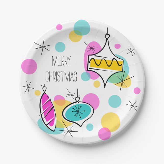 Retro Tree Baubles Merry Christmas paper plates (Front)