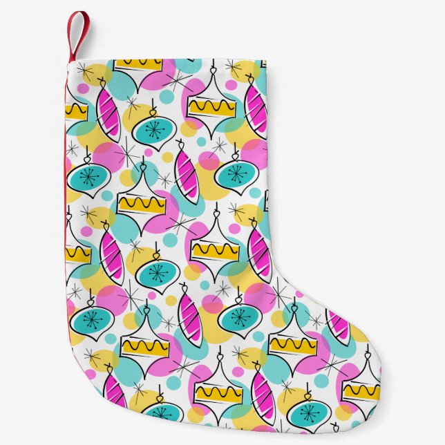 Retro Tree Baubles Multi stocking red back (Front)