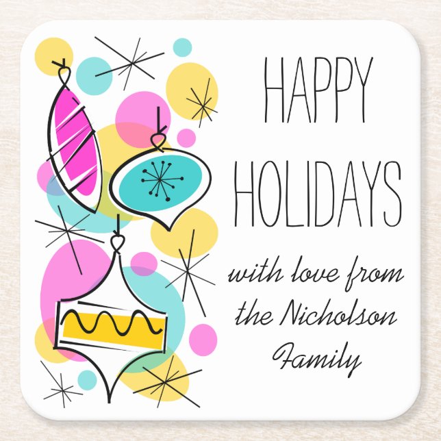 Retro Tree Baubles Side Holidays Text square Paper Coaster (Front)