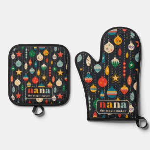 Retro Tree Toys Ornaments Nana Christmas  Oven Mitt & Pot Holder Set