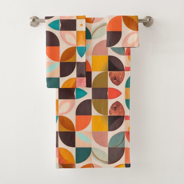 Retro Trendy Abstract Squares Collection Bath Towel Set (Insitu)