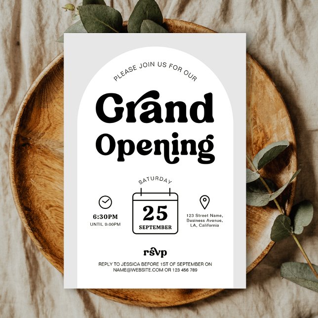 Retro Trendy Arch New Business Shop Opening Event Invitation (Trendy Business Grand Opening invitation design, featuring retro fonts, arch background and icons)