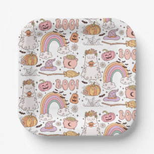 Retro Trendy Cute Halloween Elements Ghost Pumpkin Paper Plate