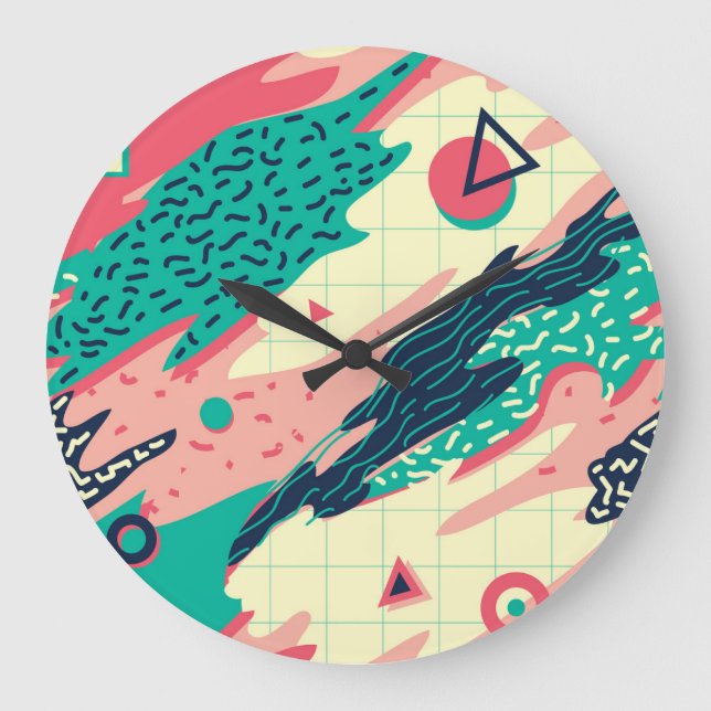 Retro Trendy Memphis Geometric Wallpaper Large Clock (Front)