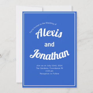 Retro Trendy Playful French Blue White Wedding Invitation