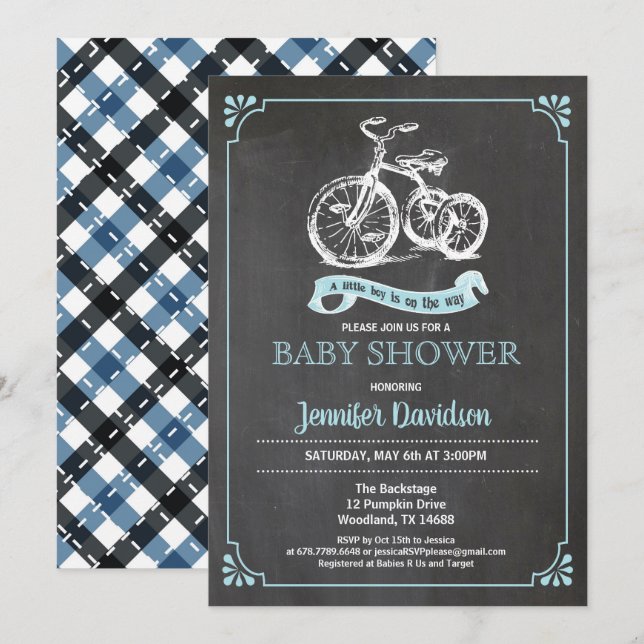 Retro trike baby boy shower invitation. It's a boy Invitation (Front/Back)