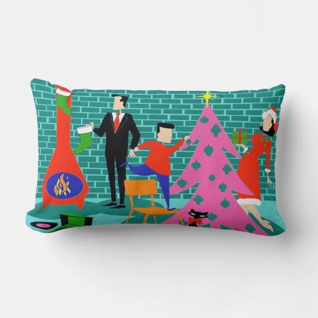Retro Trimming the Christmas Tree Lumbar Pillow (Front)