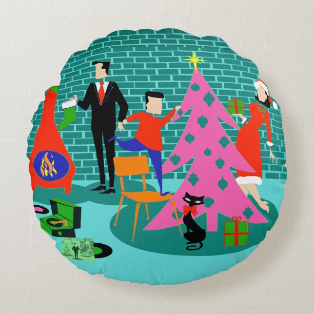 Retro Trimming the Christmas Tree Round Pillow (Front)