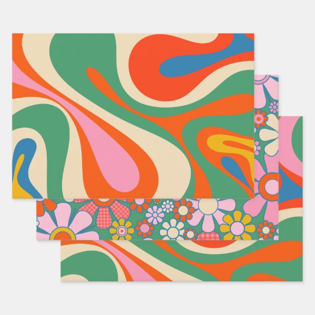 Retro Trippy Colourful Swirls and Flowers Wrapping Paper Sheet (Set)