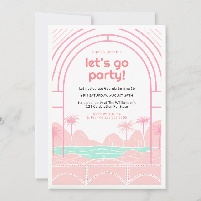 Retro Tropical 16th Pool Party Birthday Invitation (Front)