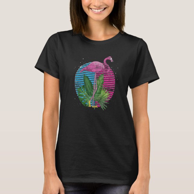Retro Tropical Animal  Exotic Bird Pink Flamingo T-Shirt (Front)