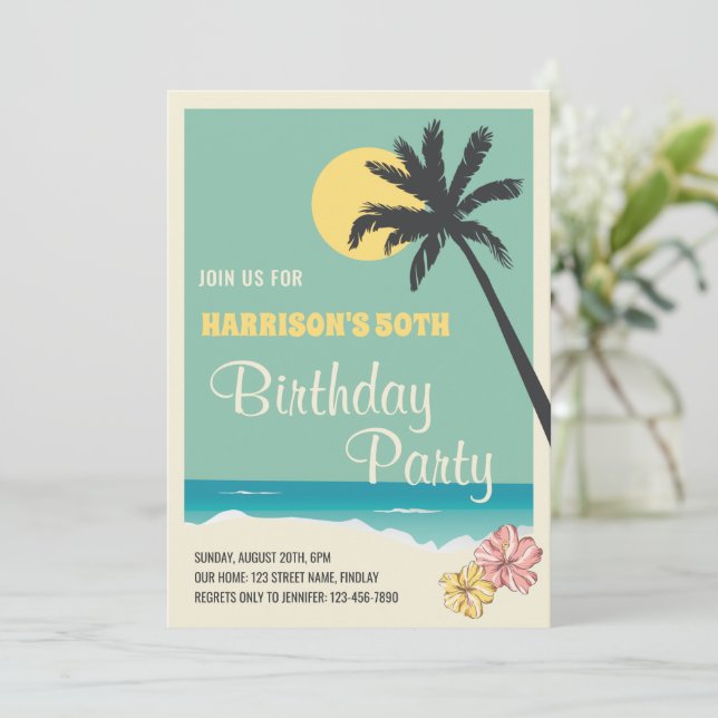 Retro Tropical Beach Adult Birthday Party Invitation (Standing Front)