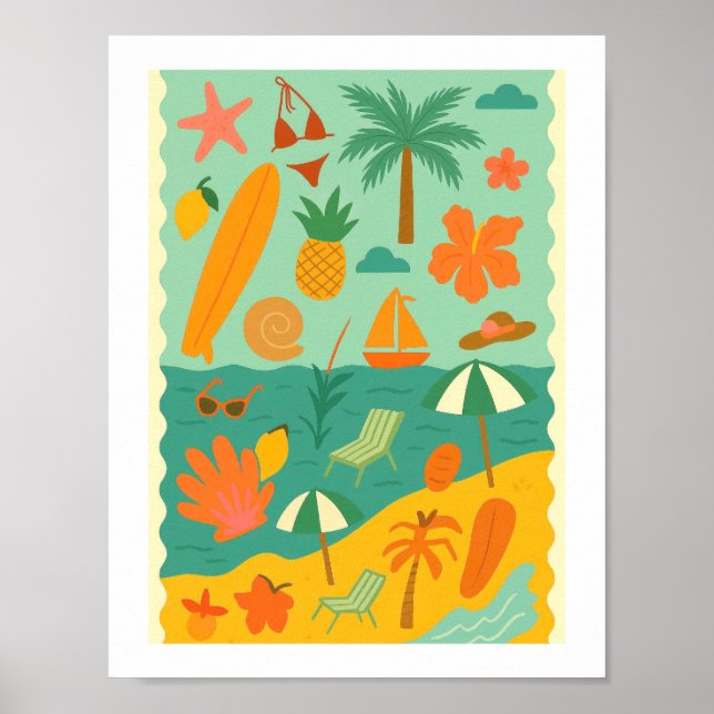 Retro Tropical Beach Collage Surf Summer Vacation Poster (Front)