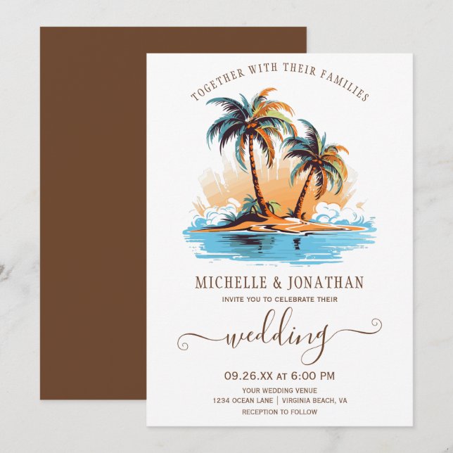 Retro Tropical Beach Destination Wedding Invitation (Front/Back)