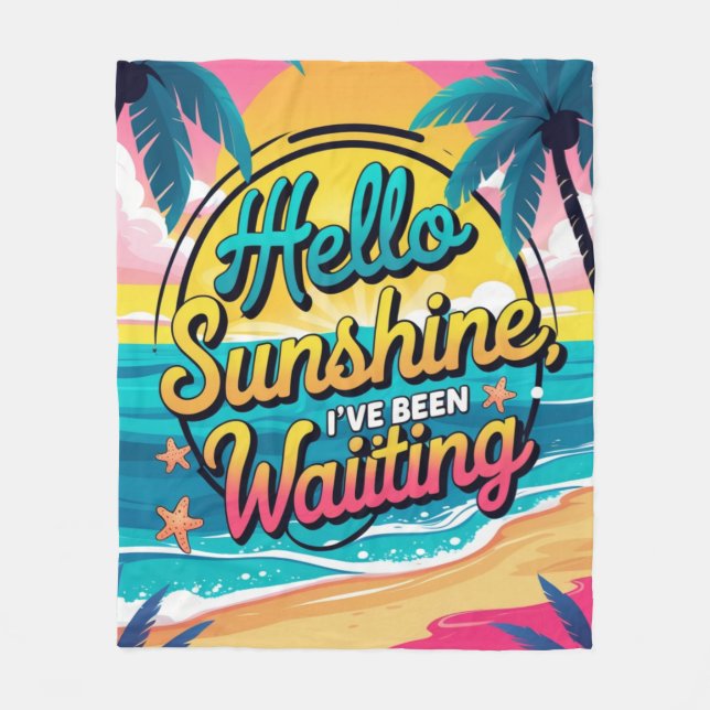 Retro Tropical Beach Hello Sunshine Fleece Blanket (Front)