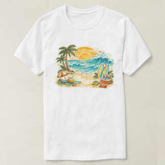 Retro Tropical Beach Sunset Illustration | Vintage T-Shirt