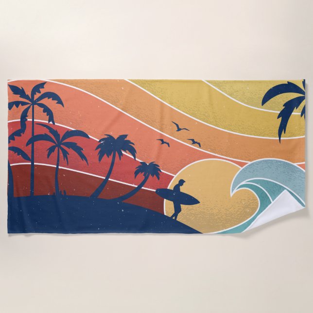 Retro Tropical Beach Surfing Surfer Palm Trees Beach Towel (Front)