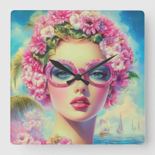 Retro Tropical Beauty Square Wall Clock
