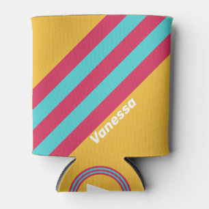 Retro Tropical Breeze Stripes with Name Can Cooler