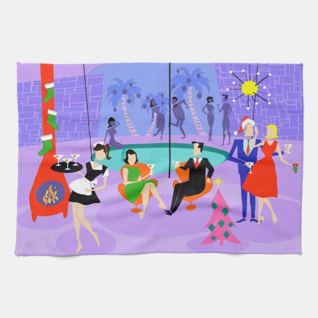 Retro Tropical Christmas Party Kitchen Towel (Horizontal)