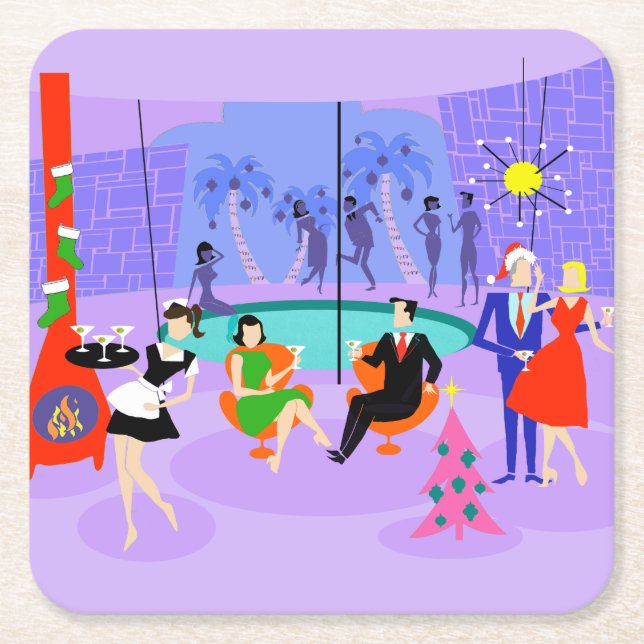 Retro Tropical Christmas Party Paper Coaster (Front)