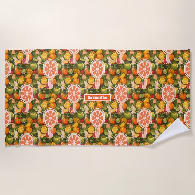 Retro Tropical Citrus Pickleball Bridal Shower Beach Towel (Front)