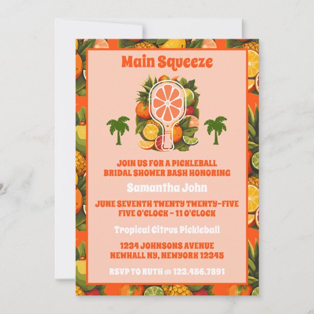 Retro Tropical Citrus Pickleball Bridal Shower Invitation (Front)