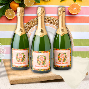 Retro Tropical Citrus Pickleball Bridal Shower Sparkling Wine Label