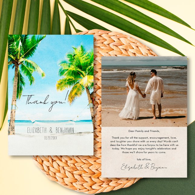 Retro Tropical Destination Photo Beach Wedding  Thank You Card (Creator Uploaded)