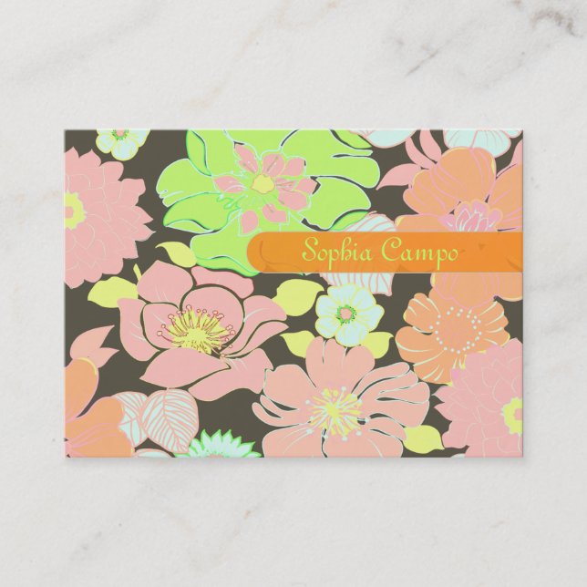 Retro tropical flowers colourful businesscards business card (Front)