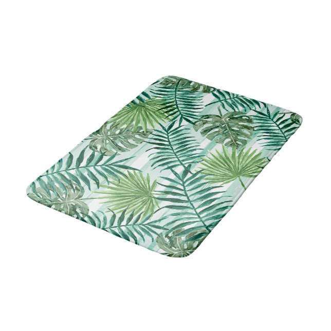 Retro Tropical Green Palm Leaves Pattern Bath Mat (Angled)