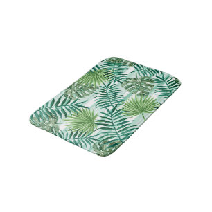 Retro Tropical Green Palm Leaves Pattern Bath Mat