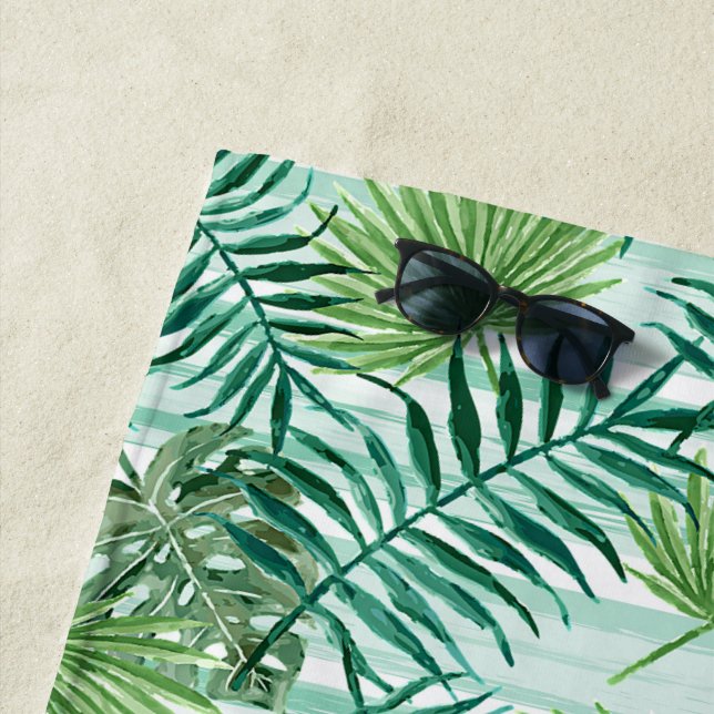 Retro Tropical Green Palm Leaves Pattern Beach Towel (In Situ)