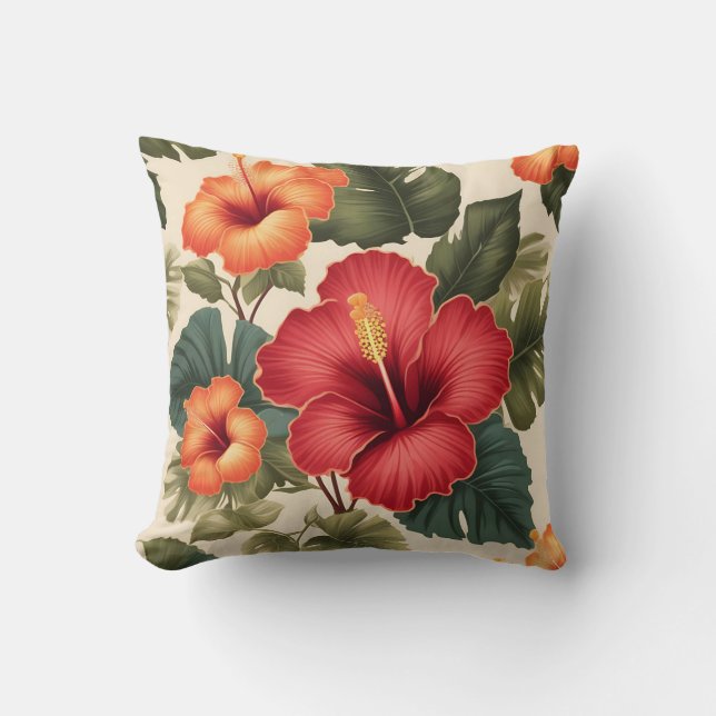 Retro Tropical Hibiscus Flowers Cushion (Front)