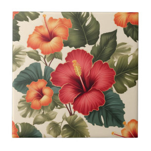 Retro Tropical Hibiscus Flowers Tile