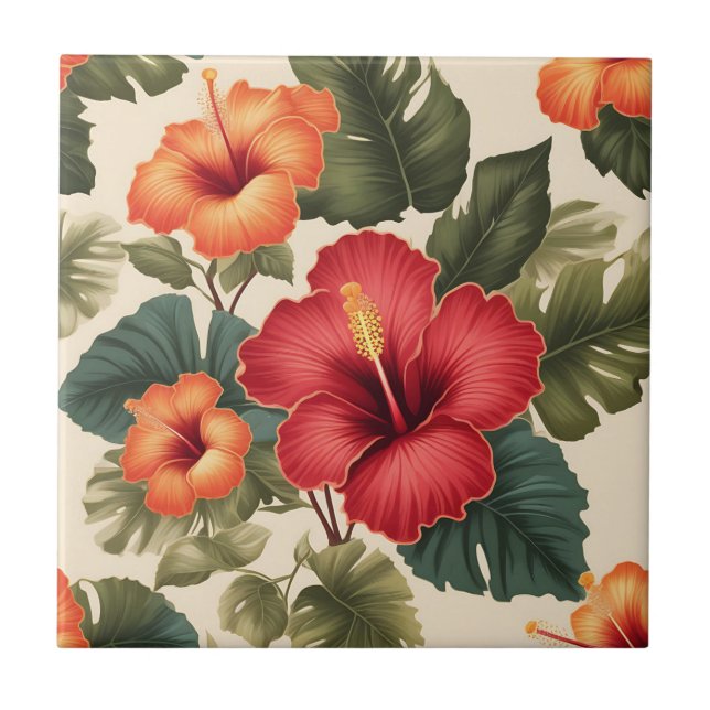 Retro Tropical Hibiscus Flowers Tile (Front)