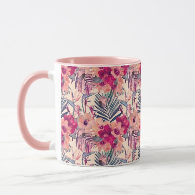 Retro Tropical Hibiscus Wren Pattern Mug (Left)