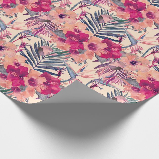 Retro Tropical Hibiscus Wren Pattern Wrapping Paper (Corner)