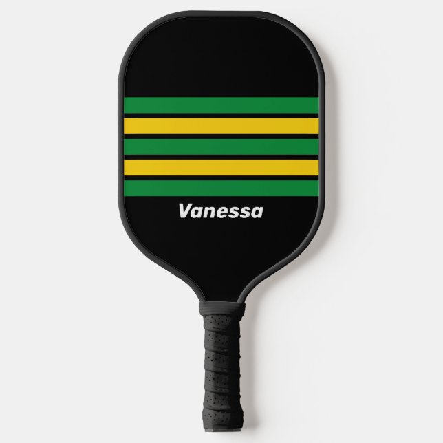 Retro Tropical Palm Across Striping with Name Pickleball Paddle (Front)