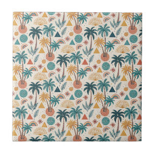 Retro Tropical Palm Tree & Geometric Sun Pattern Tile