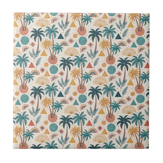 Retro Tropical Palm Tree & Geometric Sun Pattern Tile (Front)