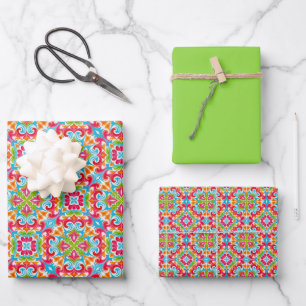 Retro Tropical Pattern in Fuchsia, Aqua, Lime... Wrapping Paper Sheet