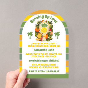 Retro Tropical Pineapple Pickleball Bridal Shower Acrylic Invitations