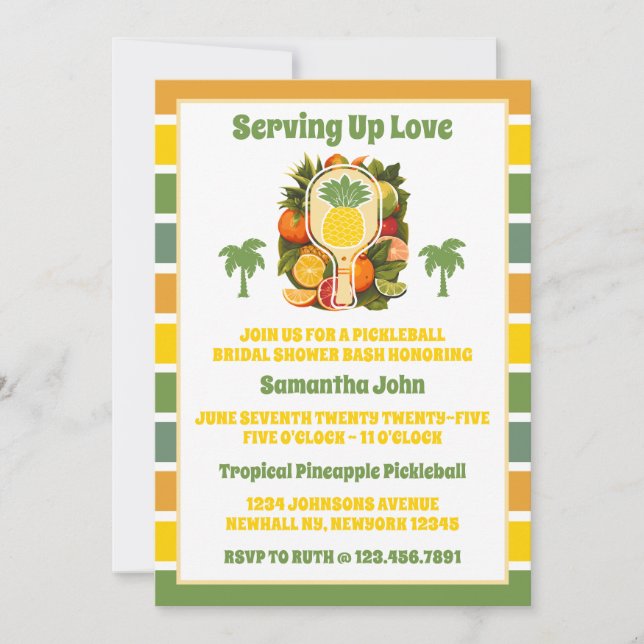 Retro Tropical Pineapple Pickleball Bridal Shower Invitation (Front)