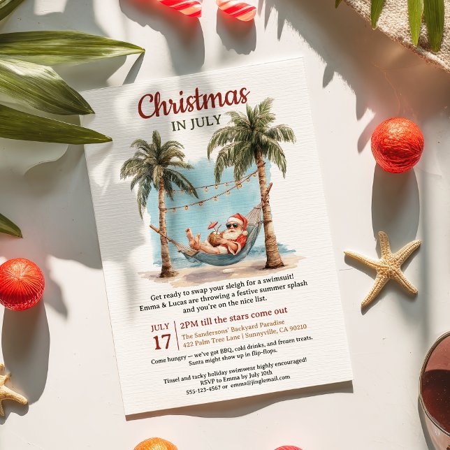 Retro Tropical Santa Hammock Christmas in July  Invitation (Retro Tropical Santa Hammock Christmas in July Invitation)