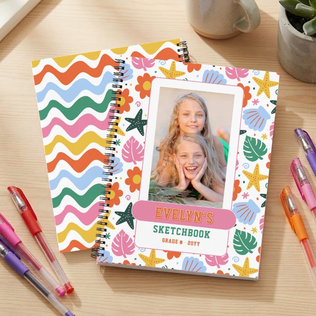 Retro Tropical Starfish & Shells Photo Sketchbook Notebook (Personalized Sketchbook with custom photo and a Bright and Colorful Beach themed pattern)